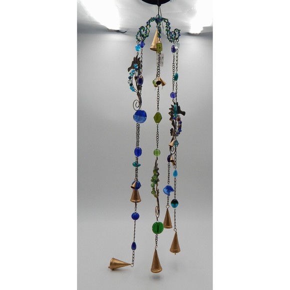 Pier 1 One Imports Jewel Tone Beaded Seahorse Windchime Gold Bells Made in India - Picture 1 of 8